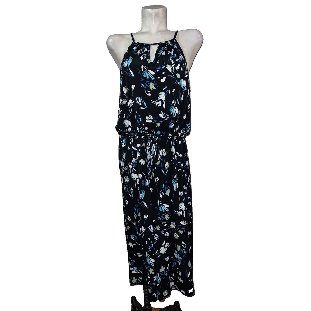 London Times Womens Size 16 Black Blue Floral Halter Keyhole Jumpsuit Wide Leg